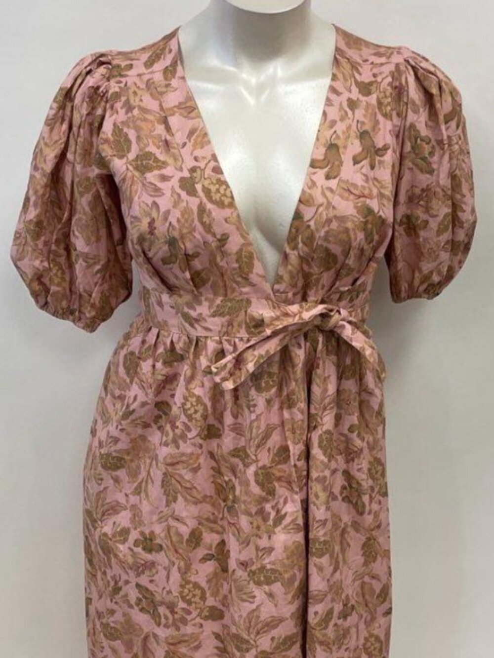 Amalie The Label Franc Linen Blend Puff Sleeve Wrap Midi Dress US 10 Pink Floral - Picture 5 of 11